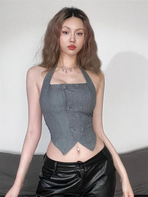 Buttoned Crop Halter Top