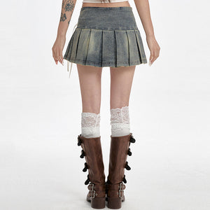 Fairy Grunge Lace Up Denim Pleated Skirt