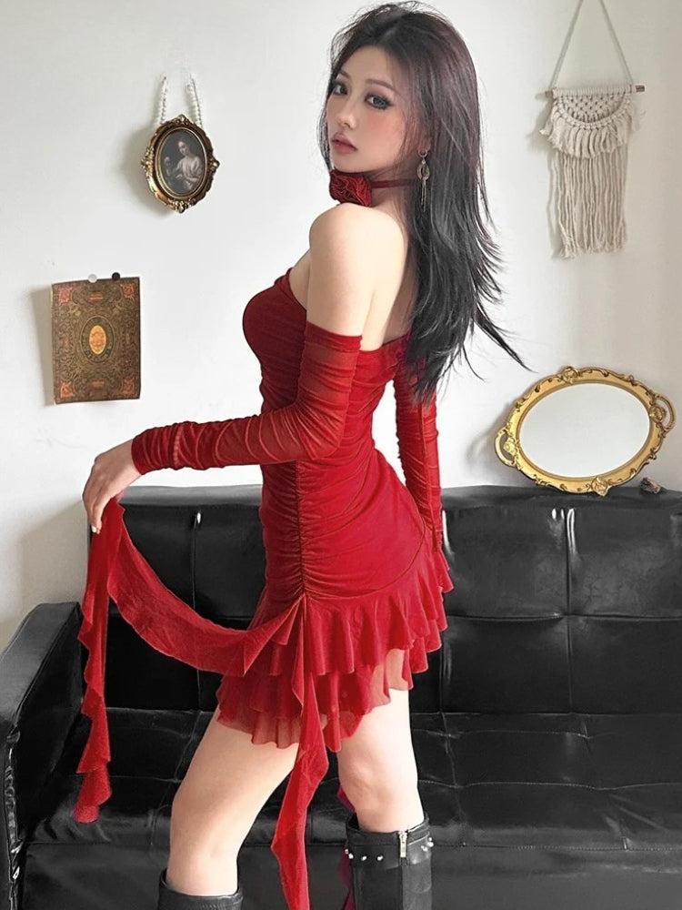 Mesh Ruffled Strapless Mini Dress