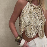 Sequined Backless Halter Top