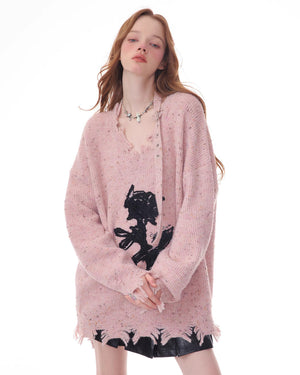 Distressed Rose Print Sweater