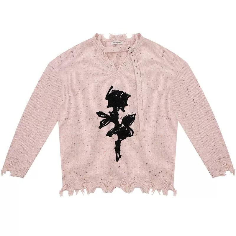 Distressed Rose Print Sweater