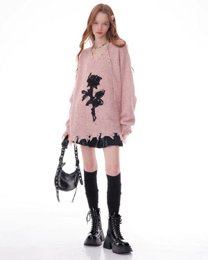 Distressed Rose Print Sweater