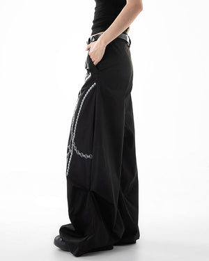 Black Wide-Leg Pants with Pearl Chain Print