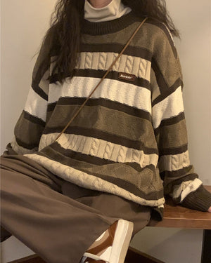 Coffee Cream Striped Oversize Sweater