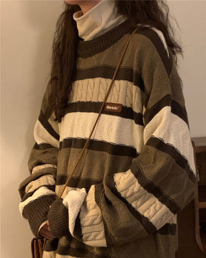 Coffee Cream Striped Oversize Sweater