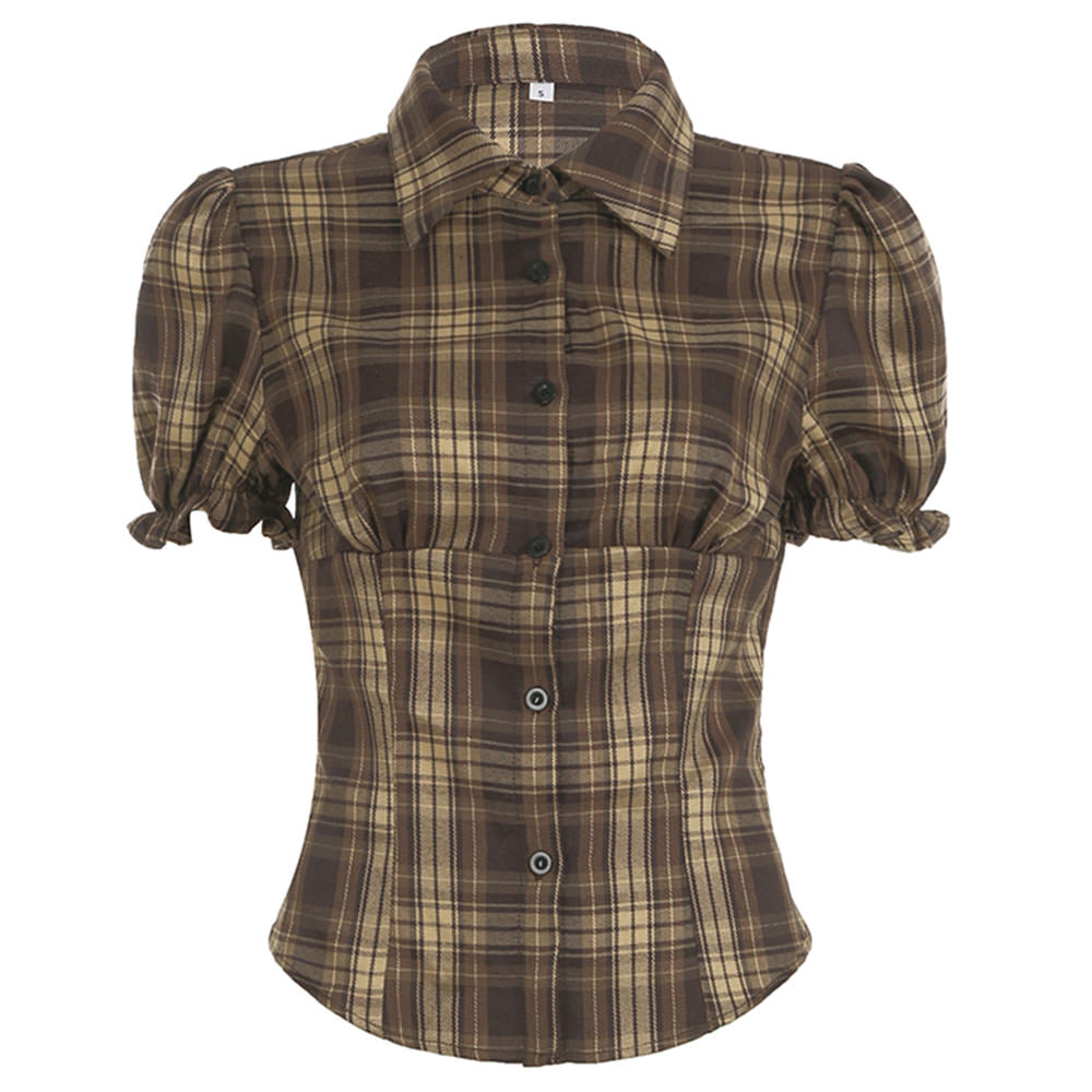 Dark Academia Puff Sleeve Plaid Shirt