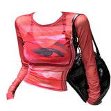 Eye & Lips Print Mesh Top in Red