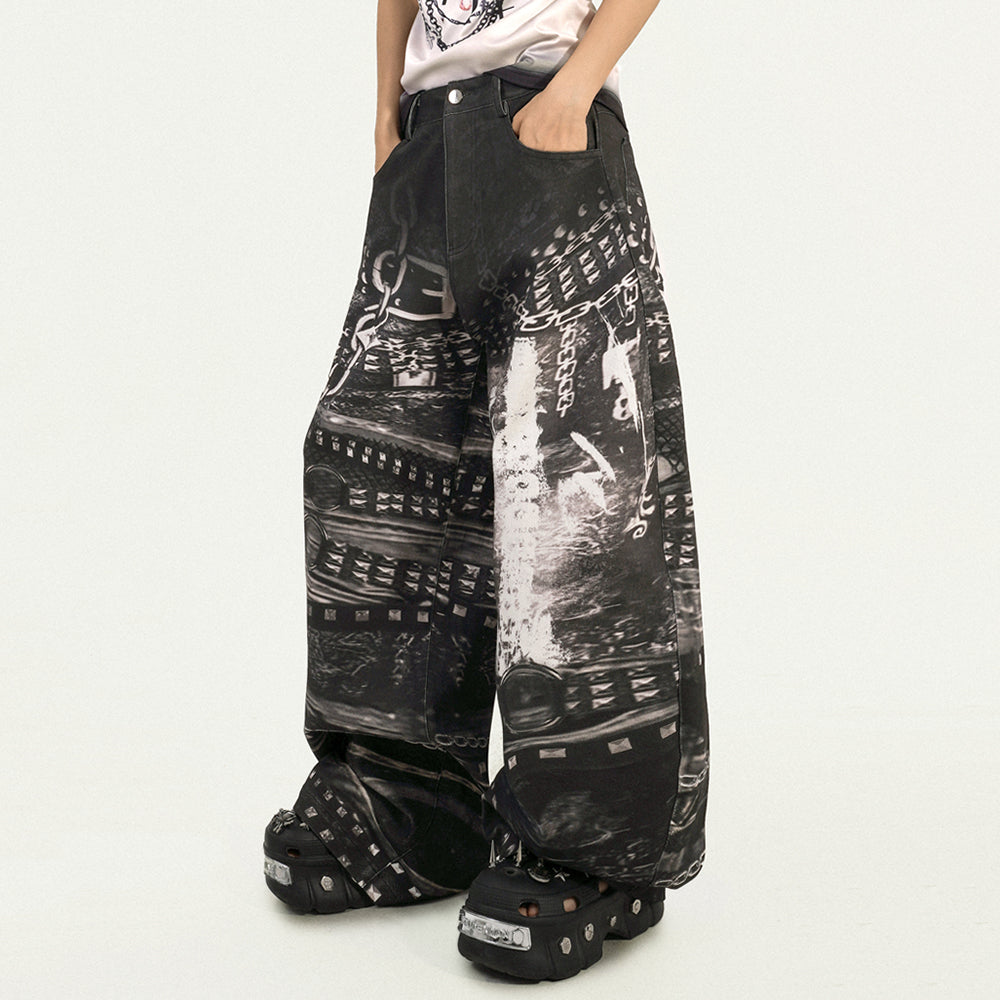 Grunge Chain Print Wide Pants
