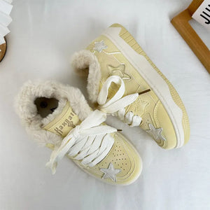 Pastel Yellow Star Fur-Lined Sneakers