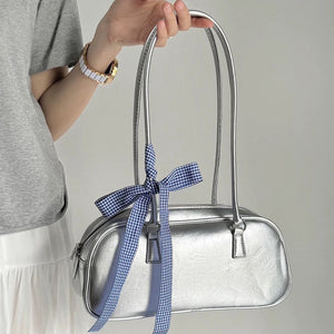 Silver Shoulder Bag with Gingham Bow