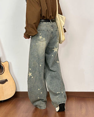 Loose Fit Star Pattern Baggy Jeans